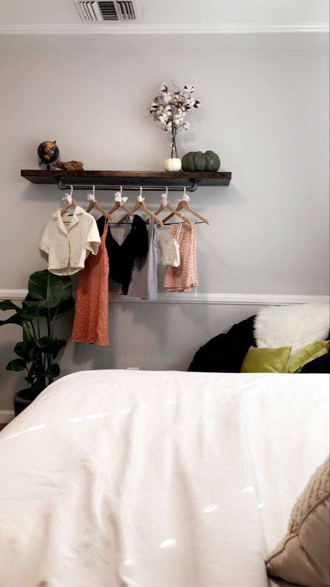 Floating Shelf With Clothes Rod, Floating Clothing Rack, Floating Clothes Rack, Shelf Clothes, Makeup Room Decor, Farm Barn, Hanging Clothes, Makeup Room, Wall Racks