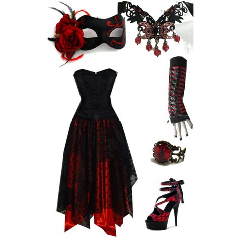 Red and Black Masquerade by ilovethegreenarrow on Polyvore Masquerade Ball Outfits, Masquerade Outfit, Black Halloween Dress, Mode Kpop, Gothic Outfits, Goth Outfits, Halloween Dress, Edgy Outfits, Mode Style