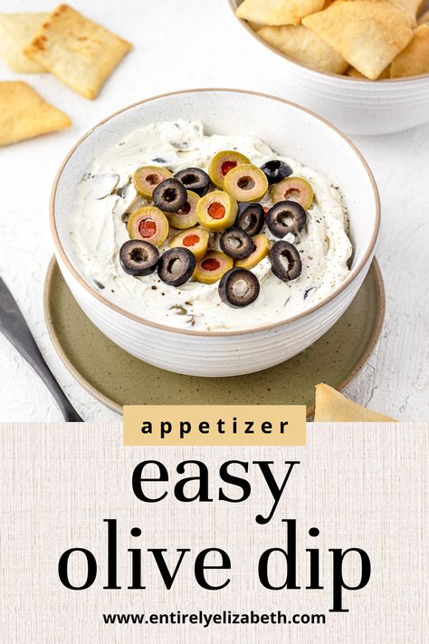 Easy Olive Dip, 4 Ingredient Olive Dip, Creamy Olive Dip, Green Olive Dip Recipe, Olive Dip Recipe Appetizers, Olive Dip Cream Cheese, Black Olive Recipes, Italian Dips Appetizers, Black Olive Dip