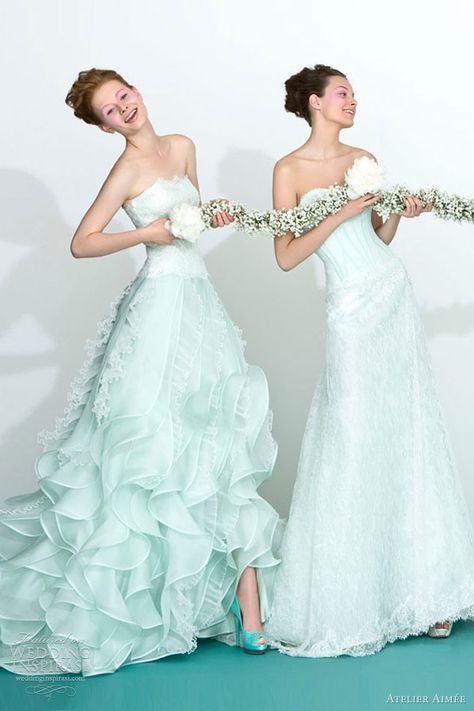 wedding dresses with color | Atelier Aimée 2013 Color Wedding Dresses | Wedding Inspirasi Mint Green Wedding Dress, Green Wedding Dress, Mint Green Wedding, Wedding Dress 2013, Wedding Mint Green, Green Wedding Dresses, Wedding Dress Cake, Wedding Inspirasi, Amazing Wedding Dress