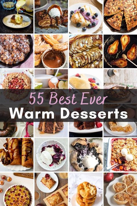 Collage of the best ever warm dessert recipe ideas, including puddings, warm cakes, galettes, cobblers, crumbles, crisps, pies, tarts, pastries and more! Hot Puddings Desserts, Quick Hot Desserts Easy Recipes, Desserts For Sunday Dinner, The Country Cook Recipes Desserts, Complex Dessert Recipes, Rainy Day Recipes Desserts, Warm Christmas Desserts, Winter Sweets Ideas, Comfort Dessert Recipes