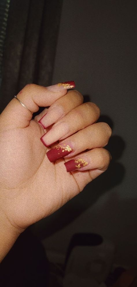 Revel Nail- Diva (red) iGel Beauty- Angel Face (nude) Gold flakes Red With Gold Flakes Nails, Gold Flake Nails, Revel Nail, Acrylic Nail Set, Diva Nails, Angel Face, Gold Flakes, Nails Ideas, Nude Nails