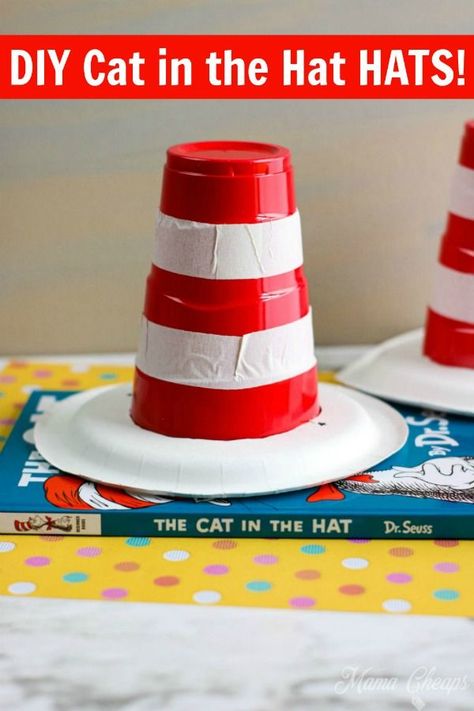 Celebrate Dr Seuss and his books, especially Cat in the Hat, with these adorable DIY Cat in the Hat hats! Use red party cups, some white masking tape, and white snack plates to make these cute hats. The hats are the perfect tie-in with your classroom Dr Seuss themed celebrations and spirit weeks. #diy #teachers #drseuss #catinthehat #mamacheaps Party Hat Craft, Dr Seuss Snacks, Solo Cups Party, Diy Crafts To Do At Home, Dr Seuss Hat, Cup Hat, Dr Seuss Activities, Dr. Seuss, Dr Seuss Day