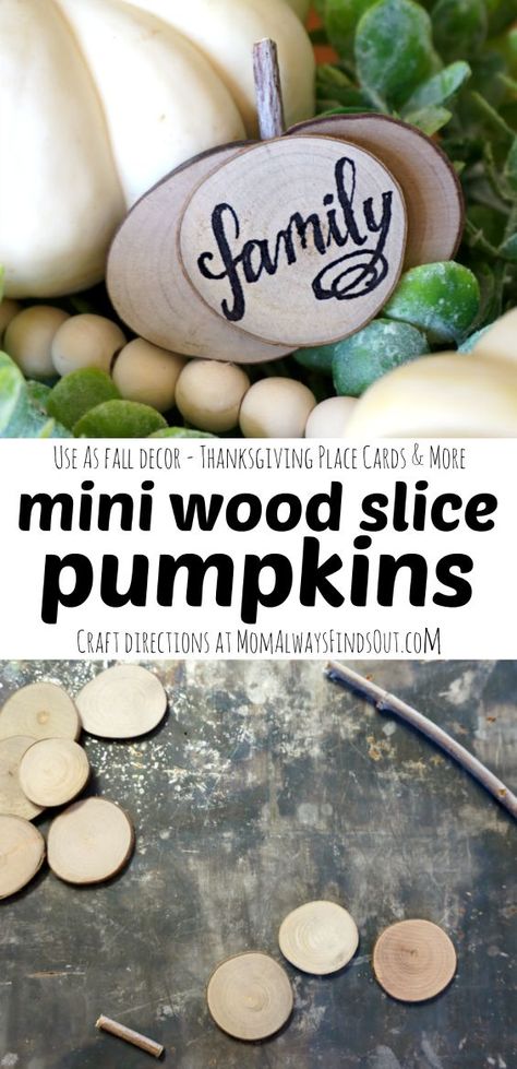 DIY Mini Pumpkins - Wood Slices Craft Idea - Easy! Fall Decor, Thanksgiving Placecard, Gratitude Tags - See tutorial @momfindsout Thanksgiving Placecard, Festival Crafts, Crafts Fall, Thanksgiving Place Cards, Easy Fall Decor, Turkey Crafts, Decorating A New Home, Wood Slice Crafts, Easy Fall Crafts