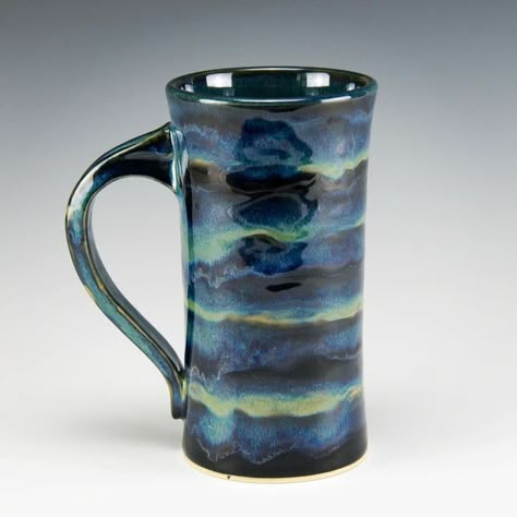 This was glazed using alternating stripes of Obsidian x3 and Seaweed x3 with the seaweed overlapping most of the Obsidian. Obsidian Glaze Combos, Seaweed Glaze Combinations, Obsidian Glaze Combinations, Amaco Obsidian, Clay Seaweed, Obsidian Glaze, Pottery Wine Cups, Glazing Pottery, Glaze Layering