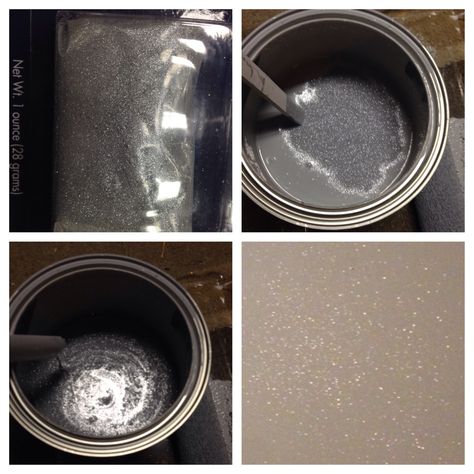 Valspar paint crystals - made in silver/gold glitter to add to any color paint. Our baby's room is grey so we added silver. Here is a perfect picture of the final outcome. The glitter package recommends 2 packs, per 1 gallon of paint (for LOTS of glitter). We added 4 since it was hard to see in the paint container. We don't regret it one bit! It's still hard to see on the wall unless the light is right. It doesn't add a texture to the wall so I say there's no such thing as too much glitter! Grey Glitter Wall Paint, Nursery Ceiling, Wall Detail, Valspar Paint, Gallon Of Paint, Glitter Wall, Bathroom Walls, Color Paint, Glitter Paint