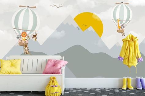 Kids Wallpaper Mountain Wall Mural Sunrise Wall Print Hot Air Balloon Wall Art Nursery Wall Decor Ch Mountain Wall Mural, Deer Wallpaper, Sunrise Wallpaper, Murals For Kids, Balloon Wall, Hot Air Balloons, Kids Wall Murals, Air Balloons, Accent Wallpaper