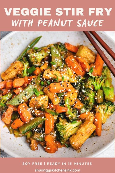 Vegetable Stir Fry with Peanut Sauce {15 Minutes} | Shuangy's Kitchensink Asian Vegetable Stir Fry, Stir Fry With Peanut Sauce, Asian Peanut Sauce, Tofu Stir Fry, Asian Vegetables, Freezer Meal Prep, Veggie Stir Fry, Fried Vegetables, Chicken Stir Fry