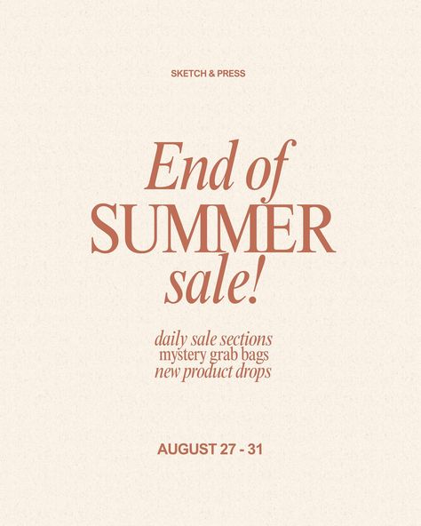 🌞 End of Summer Sale! 🌞 Join us from August 27th-31st for daily sale sections, mystery grab bags, and exciting new product drops! Save big and snag some incredible deals both in-store and online. Whether you’re shopping for gifts, home decor, or personal treats, we’ve got something special for you. Don’t miss out on the biggest sale of the season! 🎉🛍️ Shop online: www.sketchandpress.com #EndOfSummerSale #ShopSmall #MysteryGrabBags #NewArrivals #OnlineSale #SummerSavings #SketchAndPr... Mystery Grab Bags, Shop Sketch, End Of Summer Sale, Summer Savings, End Of Summer, Grab Bags, Online Sales, Big Sale, Online Bags