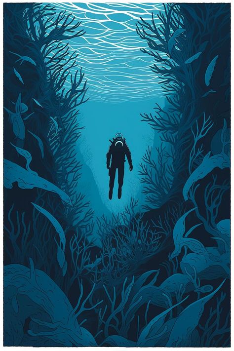 The Isolation of Lifeless... Within the depths and seas of emotions; one can easily become lifeless amongst the tides and obsticles. Stay true, Stay Upward and breath air once more... #isolation #tides #ocean #diving #darkart #graphictees #shirtdesign #deathcore #musicfestivaloutfits #illustration #ai #graphic #blue #contemporary #falloutfits Ocean Diving, Ocean Depth, Music Festival Outfits, Silhouette Illustration, Shadow Boxes, Dark Art, Multi Layering, Diving, Graphic Tees