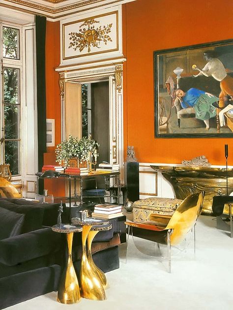 Henri Samuel gets some Appreciation Henri Samuel, Orange Rooms, Console Design, Orange Walls, Design Del Prodotto, Wood Console, Decoration Inspiration, Petrified Wood, Architectural Digest