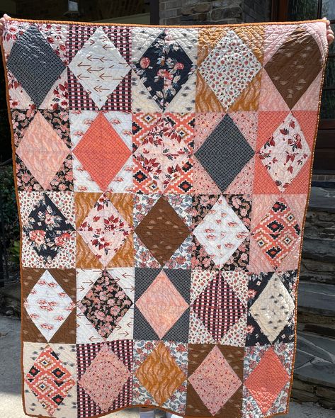 This is a One Of A Kind Crib/ Throw Quilt Pattern is of my own design. Titled Diamonds are a Girl's Best Friend (especially when the diamonds are in fabric). Fabric for the top is 100% cotton from the Homebody line by Art Gallery Fabrics . Batting is Natural Cotton by Pellon. Free Motion Quilted in each diamond to give some texture to all. This would look beautiful draped in a little girls room. Throw Quilt Pattern, Girl Quilts Patterns, 9 Patch Quilt, Boho Quilt, Cot Quilt, Fiber Art Quilts, Sewing Circles, Pink Quilts, Girls Quilts