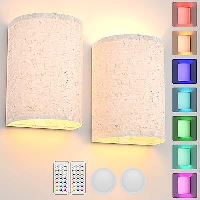 Battery Operated Wall Sconce Magnetic Wireless Lamp RGB Colors Dimmable with Fabric Linen Shade and Remote, Lighting Decor Set of 2 for Bedroom Living Room Hallway Battery Operated Wall Sconces, Hal Decor, Ceiling Fan Light Kit, Puck Lights, Wall Lamps Bedroom, Luminaire Mural, Magnetic Wall, Eid Al Adha, Wall Decor Set