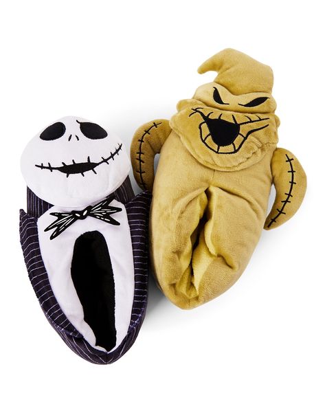 Keep your feet nice and toasty with these The Nightmare Before Christmas slippers featuring two of your favorite characters, Jack Skellington and Oogie Boogie. They're perfect for a movie night or any time you're hanging out at home, and have gripper dots on the bottom to keep you from slipping. Officially licensed Exclusively at Spencer's Dimensions: 10.5"H x 9"W x 6"D Material: Plush, fleece Imported