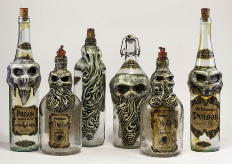 Lovecraftian Creepy Bottles by FraterOrion Mold Poisoning, Halloween Potion Bottles, Halloween Apothecary, Halloween Bottles, Halloween Potions, Halloween Prop, Potion Bottle, Halloween Props, Fete Halloween