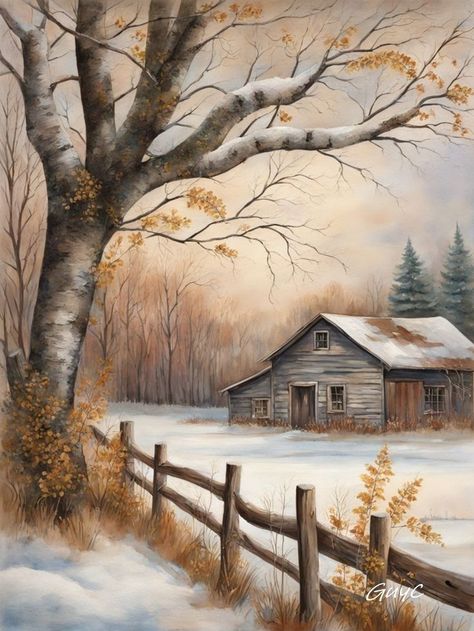 Country Cottage Art, Beautiful Landscapes Paintings Acrylics, Winter Scene Paintings, Sunset Canvas Painting, Barn Pictures, Farm Paintings, Winter Landscape Painting, Barn Painting, Wood Painting Art