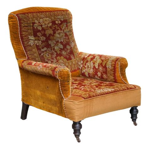 Very rare and highly collectable original Victorian mahogany framed country house club armchair with bordered Turkey Kilim Rug upholstery and porcelain castors in the manner of Howard & Son's This armchair has a very rare upholstery which is called Turkey work, it’s a kind of Kilim rug which has been used for century’s to upholstery English country house furniture, this one is a very heavy weave, it is in original barn find condition which is exactly where I bought it from, a barn type warehouse Charles Ray Eames, House Club, Club Armchair, Charles Ray, Charles & Ray Eames, English Country House, Fritz Hansen, House Furniture, Cleaning Upholstery