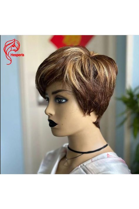 Hesperis Blonde Highlight Brown Pixie Cut Wig With Bangs Brazilian Remy Full Machine Made Wig Short Bob Human Hair Wig Brown Pixie, Brown Pixie Cut, Highlight Brown, Blonde Highlight, Wig Colors, Colors For Dark Skin, Wig Short, Pixie Cut Wig, Wig With Bangs