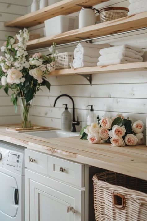 Create a stunning laundry room with stylish shiplap designs. This pin features chic home decor tips and storage solutions for both farmhouse and modern aesthetics using one image. Laundry Room Rustic Ideas, Laundry Room Wood Shelves, Small Laundry Room Makeover Farmhouse, Shiplap Laundry Room Ideas, Shiplap Laundry Room, Shabby Chic Laundry Room, Shiplap Home, Laundry Room Farmhouse, Shiplap Ideas