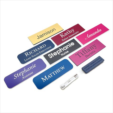 PRICES MAY VARY. FULL SHIPPING is charged on FIRST TAG – diminishes for 2 or more tags. High-Quality, Personalized Name Badges These custom engraved name tag badges have enough space for 2 lines of centered text, perfect for employees, volunteers, clubs, schools or reunions. With 21 different colors and 5 different fonts to choose from, you can easily create a personalized name tag to match your your own sense of style and business image. Name Tag Badges are 1 inch by 3 inches, with a magnetic b Personalized Acrylic, Different Fonts, Name Badges, Name Tags, Name Tag, Custom Engraving, Color Options, Magnets, Thing 1