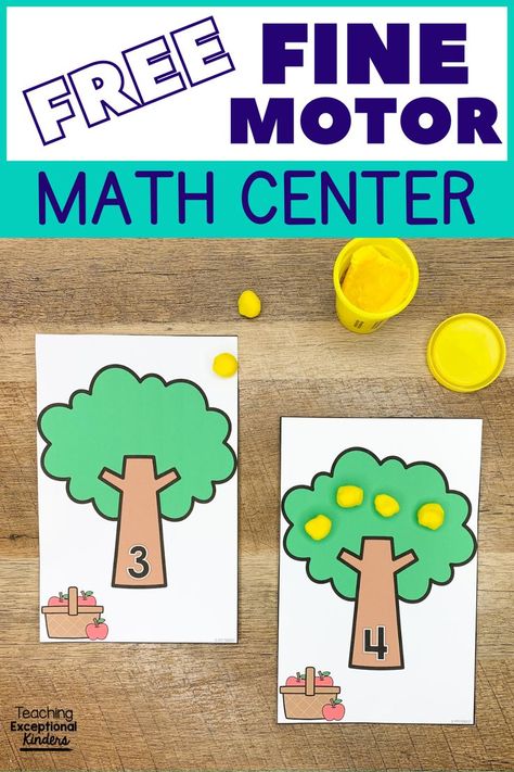 Yellow play dough added to two tree counting mats Number Identification Kindergarten, Apple Center, Rote Counting, Free Math Centers, Apple Kindergarten, Activity For Kindergarten, Fine Motor Practice, Counting Practice, Fast Finisher Activities