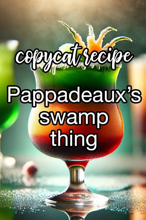 Copycat Pappadeaux's Swamp Thing Cocktail - Take a taste trip with the Swamp Thing. It starts with a raspberry kick, slides into a frozen hurricane and margarita middle, and finishes with a splash of melon. Made with raspberry liqueur, frozen hurricane, frozen margarita, melon liqueur | CDKitchen.com Swamp Thing Drink Recipe, Wet Willies Drinks Recipes, Pappadeaux Recipe Copycat, Papadeaux Recipes, Swamp Juice, Pappadeaux Recipe, The Swamp Thing, Frozen Recipes, Green Punch