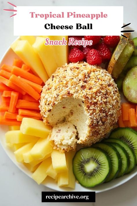 Tropical Pineapple Cheese Ball Pineapple Cheese Ball Recipe, Pineapple Cream Cheese Ball, Cheese Ball With Pineapple, Hawaiian Cheese Ball Recipe, Pineapple Cheeseball Recipes, Pineapple Cheeseball, Pineapple Cheese Ball, Pineapple Cheese, Cream Cheese Ball