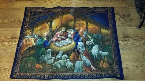 Wall hanging quilt I donated to church festival Oct. 2014 Jesus Is Born, Christmas Fabric Panels, Jesus In The Manger, Fabric Panel Quilts, Halloween Facts, Jesus Mary And Joseph, Christmas Flag, O Holy Night, Cat Fabric