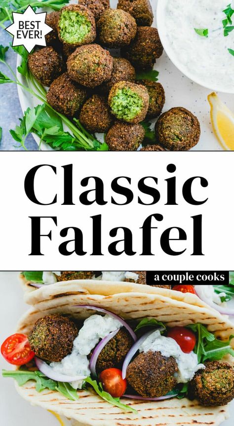 Here's how to make falafel: the authentic way! It tastes just like a restaurant, herby and fried to crispy perfection—with a baked variation, too. #falafel #vegan #plantbased #falafelsandwich #mediterranean #middleeastern #howtomakefalafel Falafel Restaurant, Make Falafel, Falafel Recipe Easy, Falafel Vegan, How To Make Falafel, A Couple Cooks, Falafel Recipe, Dry Chickpeas, Couple Cooking