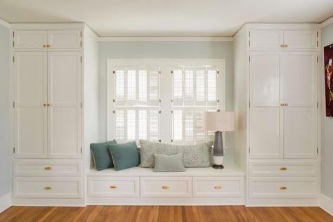 Two Closets With Window Seat, Built In Closet With Window Seat, Closet Built Around Window, Closet Around Window Bedrooms, Built In Wardrobe With Window Seat, Window Seat With Wardrobe, Built In Wardrobe Around Window, Closet With Bench Seat, Closet Designs With Window