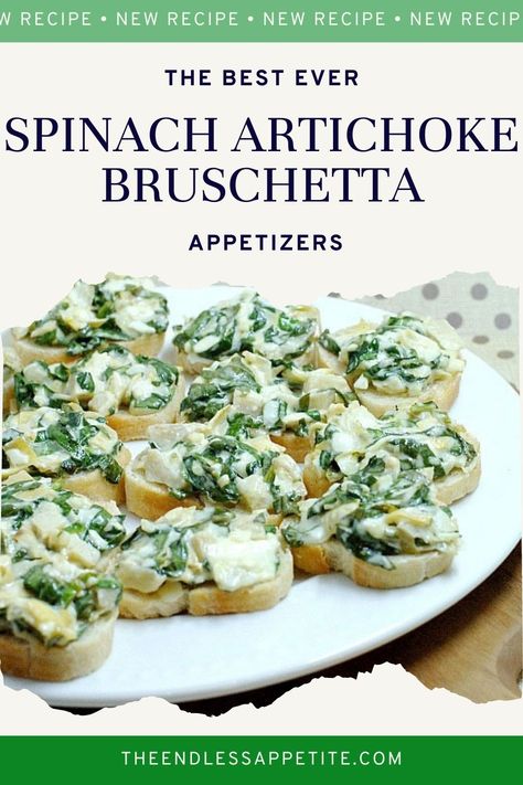 Spinach Artichoke Bruschetta - The Endless Appetite Bruschetta Appetizers, Artichoke Bruschetta, Sin Dip, Mississippi Sin Dip, Bruschetta Bites, Bruschetta Appetizer, Xmas Menu, Crostini Appetizers, Crostini Recipes