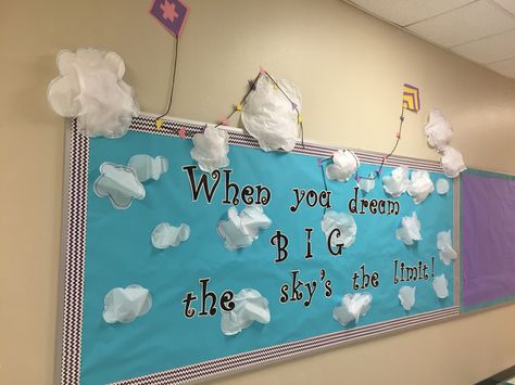 "The Sky's The Limit" Sky Theme Bulletin Board, Sky Class Decoration, Sky Bulletin Board Ideas, Sky Decorations Classroom, Cloud Theme Classroom Decor, Sky Themed Classroom, Cloud Themed Classroom, The Sky Is The Limit Classroom Theme, The Sky Is The Limit Bulletin Board