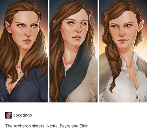 Mot entirely how i pictured them, but they are stunning. The Acheron sisters- Nesta, Feyre and Elain by cocotingo Archeron Sisters, Charlie Bowater, Sarah Maas, Sara J Maas, The Night Court, Feyre And Rhysand, Empire Of Storms, Fandom Art, A Court Of Wings And Ruin