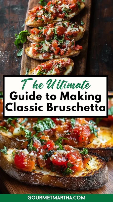 Discover the timeless art of creating crispy toasted bread topped with juicy tomatoes, fresh basil, and a drizzle of olive oil – the perfect appetizer or snack for any occasion. Hungry? Click for the full recipe #bruschettarecipe #appetizerideas #snackrecipes #easyrecipes #tomatorecipes #italianfood #healthyappetizer #partyfood #quickrecipes #vegetarianrecipes Authentic Italian Bruschetta Recipe, Bruschetta Mix Recipe, Roast Beef Bruschetta, Bruschetta With Prosciutto, Bruschetta Charcuterie Board Ideas, The Best Bruschetta Recipe, Tomato Bruschetta With Garlic And Basil, Brachetto Bread, Brushetta Appetizers Cherry Tomatoes