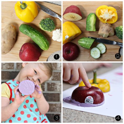 Fruit Stamping, Healthy Food Activities For Preschool, Toddler Vegetables, Sunny With A Chance, Vegetable Crafts, Kids Vegetables, Fun Activities For Toddlers, Kid Friendly Crafts, Vegetable And Fruit