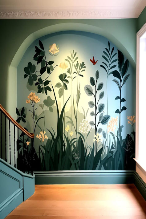 A spacious hallway with a captivating painted mural accent wall, inviting nature inside. Murals Bedroom, Wall Painting Ideas Creative, Wall Charm, Painted Mural, Wall Mural Ideas, Home Wall Painting, Bedroom Mural, Living Room Murals, Diy Mural