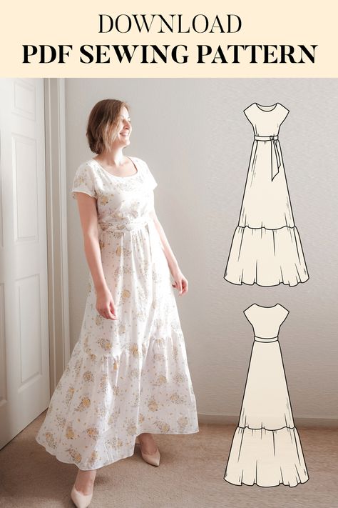 Pretty Garden Dresses, Easy Maxi Dress Pattern Free, Women Dress Pattern Free, Maxi Dress With Sleeves Pattern, Simple Free Dress Pattern, Maxi Sewing Pattern, Maxi Stitching Ideas, Prairie Dress Sewing Pattern, Pdf Dress Pattern Women