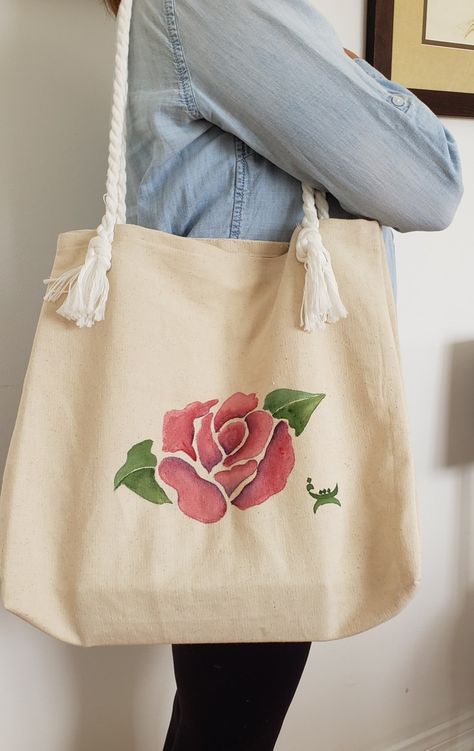 Gift List Ideas, Decorated Tote Bags, Handpainted Tote Bags, Rose Tote Bag, Painted Tote, Lake Painting, Painted Bags, Diy Roses, Painting Class