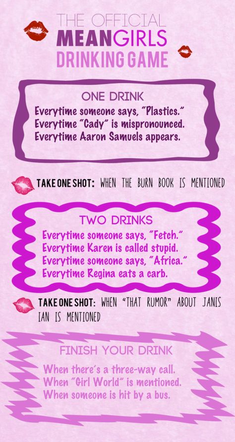 The Totally Official “Mean Girls” Drinking Game Mean Girls Drinking Game, Movie Drinking Games, Drunk Games, Mean Girls Party, Alcohol Games, Girls Night Movies, Drinking Games For Parties, Fun Drinking Games, Drinking Game