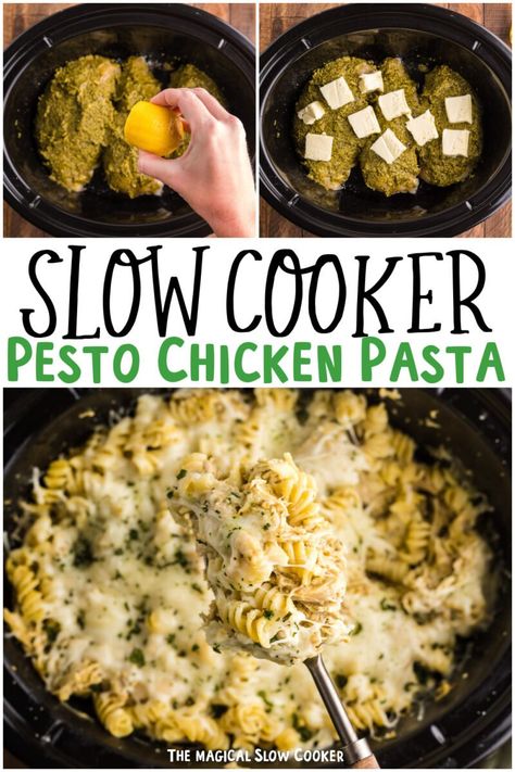 Slow Cooker Pesto Chicken, Crockpot Pesto Chicken, Lemon Pesto Chicken, Pesto Mozzarella Chicken, Creamy Pesto Chicken Pasta, Slow Cooker Pasta Recipes, Magical Slow Cooker, Pesto Mozzarella, Crockpot Pasta