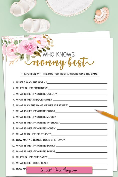 Instant download of Who Knows Mommy Best game printable to print at home and play as a fun game at the next baby shower! Choose from four different designs. Minute To Win It Games For Baby Shower, Who Knows The Mom To Be Best, Who Knows Mommy Best Free Printable, Who Knows Mommy Best Baby Shower Game, Free Baby Shower Games Printables, Baby Shower Games Free Printables, Who Knows Mommy Best Game, Easy Baby Shower Games, Free Printable Baby Shower Games