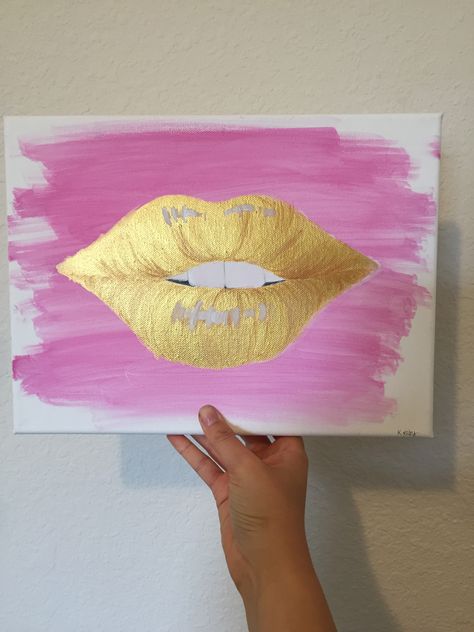 Pink and gold painting of lips on canvas. Pink And Gold Painting, Bathroom Pink, Lips Painting, Kids Canvas Art, Canvas Diy, Gold Painting, Diy Canvas Wall Art, Gold Lips, Painting Canvases