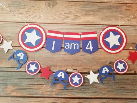 Captain America birthday banner, captain America party decorations, I am 4 banner, superhero theme birthday banner, captain America garland by KatieKraftsCo on Etsy America Party Decorations, Captain America Party Decorations, Captain America Birthday Cake, Pokemon Banner, Batman Party Decorations, Captain America Birthday Party, Captain America Party, Construction Party Decorations, Captain America Birthday