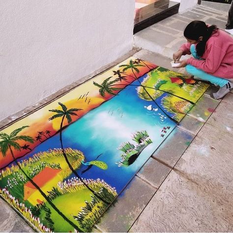 Theme Rangoli, Portrait Rangoli, Rangoli Painting, Colour Kolam, Pineapple Drawing, Poster Rangoli, Kambi Kolam, Easy Rangoli Designs Videos, Rangoli Designs Simple Diwali