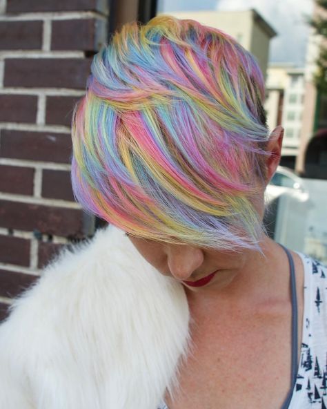 Prism Hair Color, Prism Hair, Rainbow Hair Ideas, Short Rainbow Hair, Hair Ideas For Short Hair, Hair Stripes, Rave Hair, Vivid Hair Color, Creative Hair Color