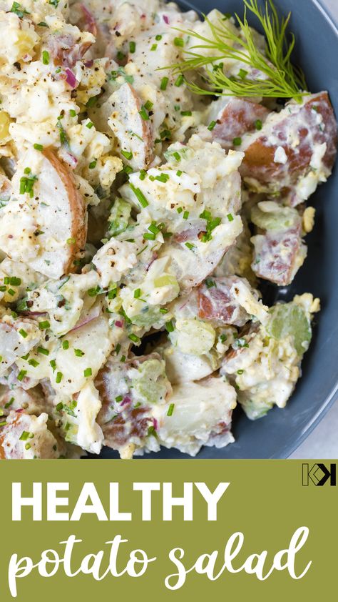 This potato salad is great for summer parties and potlucks as it is such a crowd pleaser! It’s crunchy, creamy, tangy and herby and so delicious without being too heavy. Since this is a Greek yogurt-based dressing and has hard boiled eggs, it’s also full of protein, so you can feel good about serving it. #herby #mayofree #easy #potato #salad #summerrecipes #healthy #hardboiledegg #sidedish #easy #tangy Healthy Potato Salad, Healthy Potato Salad Recipe, Healthy Potluck, Healthy Potato, Potato Salad Healthy, Potato Salads, Easy Potato Salad, Salad Healthy, Potatoe Salad Recipe