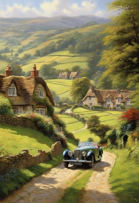 English Countryside Journey Check more: https://paintlyx.com/english-countryside-journey/ English Village Painting, English Countryside Painting, Cottages Uk, Countryside Paintings, English Village, English Countryside, Reading Journal, Country Cottage, Vintage Style