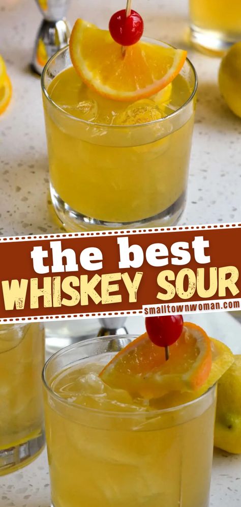 Whiskey Sour Whiskey Drinks Recipes, Whiskey Sour Recipe, Sour Drink, Cocktail Recipes Whiskey, Cocktail Drinks Alcoholic, Mixed Drinks Alcohol, Sour Cocktail, Good Whiskey, Whiskey Sour