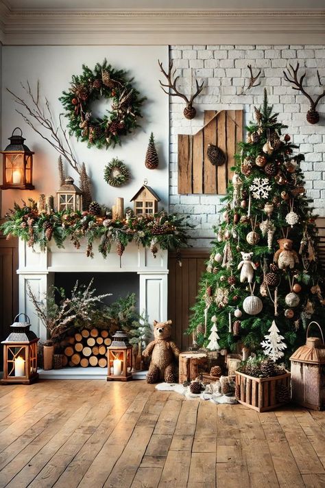 "Rustic pine decor featuring wooden furniture, pinecone accents, and earthy textures for a cozy and natural home atmosphere." Woodland Home Aesthetic, Pinecones Christmas Decorations, Cozy Cabin Christmas Decor, Woodland Christmas Decor Ideas, Woodsy Christmas Tree, Woodsy Christmas Decor, Mcgee House, Woodland Living Room, Pine Decor