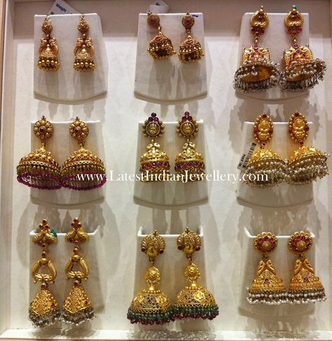 Latest Gold Jhumkas Earrings Collection | Latest Indian Jewellery Designs Jumkha Earrings Gold, Gold Buttalu Earrings Latest, Dubai Gold Jewelry Earrings, Jhumka Designs Gold, Gold Buttalu, Temple Jewellery Jhumkas, Gold Jhumkas, Ikkat Lehenga, Jhumkas Earrings